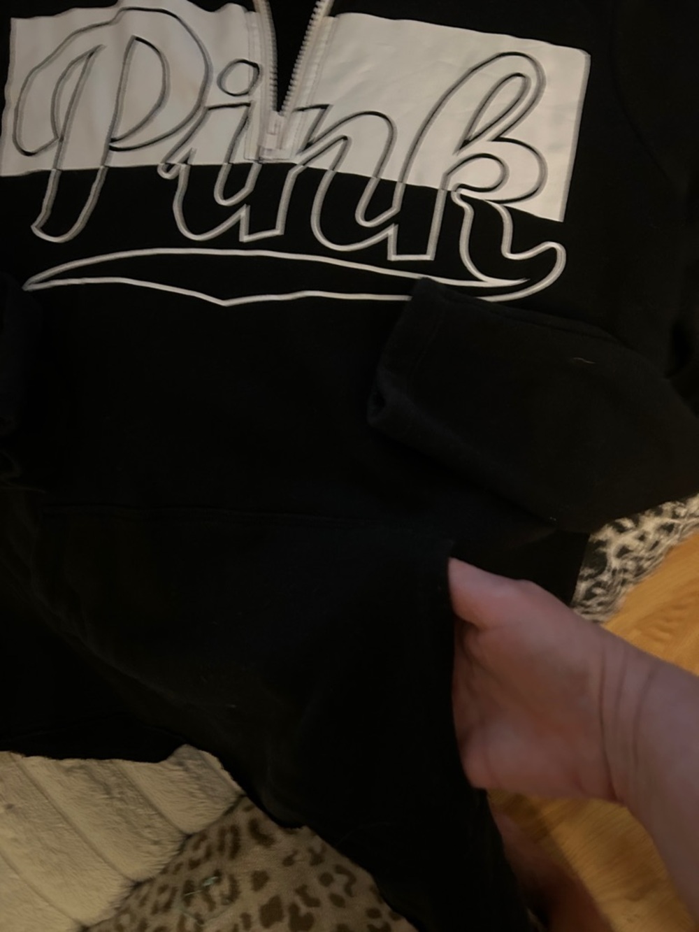 PINK Half-Zip Pullover Sweatshirt - Black & White with front kangaroo pockets - Picture 2 of 4